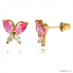 14k Yellow Gold 5/16" (8mm) tall Butterfly Stud Earrings, w/ Marquise Cut Clear & Pear Cut Pink Tourmaline-colored CZ Stones