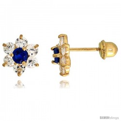 14k Yellow Gold 1/4" (7mm) tall Flower Stud Earrings, w/ Brilliant Cut Clear & Blue Sapphire-colored CZ Stones