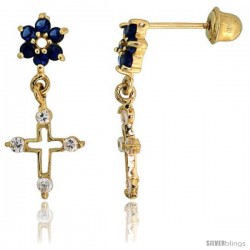 14k Yellow Gold 11/16" (18mm) tall Flower & Cross Dangling Earrings, w/ Brilliant Cut Clear & Blue Sapphire-colored CZ Stones