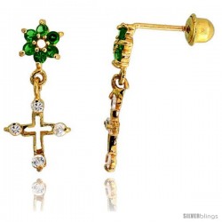 14k Yellow Gold 11/16" (18mm) tall Flower & Cross Dangling Earrings, w/ Brilliant Cut Clear & Emerald-colored CZ Stones