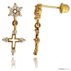 14k Yellow Gold 11/16" (18mm) tall Flower & Cross Dangling Earrings, w/ Brilliant Cut CZ Stones