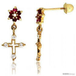 14k Yellow Gold 11/16" (18mm) tall Flower & Cross Dangling Earrings, w/ Brilliant Cut Clear & Ruby-colored CZ Stones