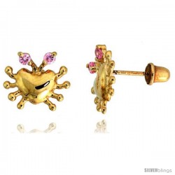 14k Yellow Gold 3/8" (9mm) tall Tiny Crab Stud Earrings, w/ Brilliant Cut Pink Tourmaline-colored CZ Stones