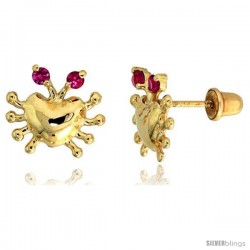 14k Yellow Gold 3/8" (9mm) tall Tiny Crab Stud Earrings, w/ Brilliant Cut Ruby-colored CZ Stones