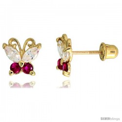 14k Yellow Gold 1/4" (7mm) tall Tiny Butterfly Stud Earrings, w/ Marquise Cut Clear & Brilliant Cut Ruby-colored CZ Stones