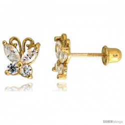 14k Yellow Gold 1/4" (7mm) tall Tiny Butterfly Stud Earrings, w/ Marquise Cut & Brilliant Cut CZ Stones