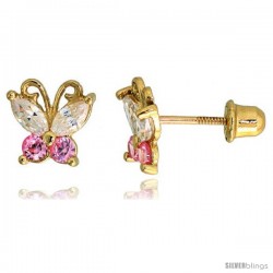 14k Yellow Gold 1/4" (7mm) tall Tiny Butterfly Stud Earrings, w/ Marquise Cut Clear & Brilliant Cut Pink Tourmaline-colored CZ