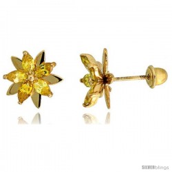 14k Yellow Gold 3/8" (9mm) tall Flower Stud Earrings, w/ Marquise Cut Yellow Topaz-colored CZ Stones