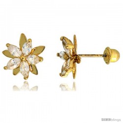 14k Yellow Gold 3/8" (9mm) tall Flower Stud Earrings, w/ Marquise Cut CZ Stones