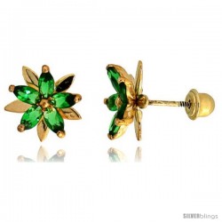 14k Yellow Gold 3/8" (9mm) tall Flower Stud Earrings, w/ Marquise Cut Emerald-colored CZ Stones