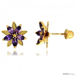 14k Yellow Gold 3/8" (9mm) tall Flower Stud Earrings, w/ Marquise Cut Amethyst-colored CZ Stones