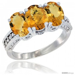 14K White Gold Natural Whisky Quartz & Citrine Sides Ring 3-Stone 7x5 mm Oval Diamond Accent