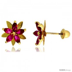 14k Yellow Gold 3/8" (9mm) tall Flower Stud Earrings, w/ Marquise Cut Ruby-colored CZ Stones