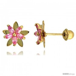 14k Yellow Gold 5/16" (8mm) tall Flower Stud Earrings, w/ Marquise Cut Pink Tourmaline-colored CZ Stones