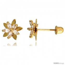 14k Yellow Gold 5/16" (8mm) tall Flower Stud Earrings, w/ Marquise Cut CZ Stones