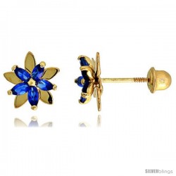 14k Yellow Gold 5/16" (8mm) tall Flower Stud Earrings, w/ Marquise Cut Blue Sapphire-colored CZ Stones