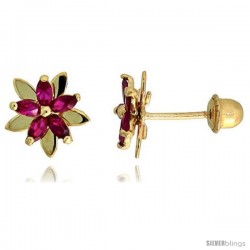 14k Yellow Gold 5/16" (8mm) tall Flower Stud Earrings, w/ Marquise Cut Ruby-colored CZ Stones