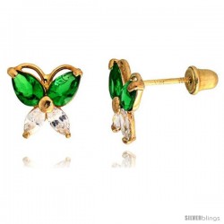 14k Yellow Gold 5/16" (8mm) tall Butterfly Stud Earrings, w/ Marquise Cut Clear & Pear Cut Emerald-colored CZ Stones