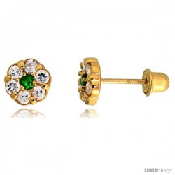 14k Yellow Gold 1/4" (6mm) tall Tiny Flower Stud Earrings, w/ Brilliant Cut Clear & Emerald-colored CZ Stones