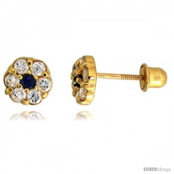 14k Yellow Gold 1/4" (6mm) tall Tiny Flower Stud Earrings, w/ Brilliant Cut Clear & Blue Sapphire-colored CZ Stones