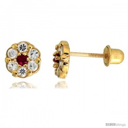 14k Yellow Gold 1/4" (6mm) tall Tiny Flower Stud Earrings, w/ Brilliant Cut Clear & Ruby-colored CZ Stones