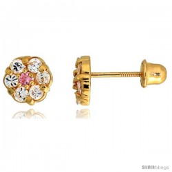 14k Yellow Gold 1/4" (6mm) tall Tiny Flower Stud Earrings, w/ Brilliant Cut Clear & Pink Tourmaline-colored CZ Stones