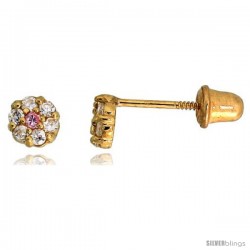 14k Yellow Gold 7/32" (4mm) tall Tiny Flower Stud Earrings, w/ Brilliant Cut Clear & Pink Tourmaline-colored CZ Stones