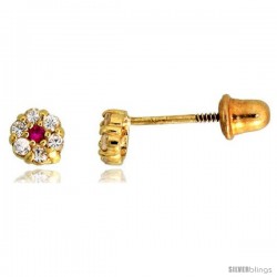 14k Yellow Gold 7/32" (4mm) tall Tiny Flower Stud Earrings, w/ Brilliant Cut Clear & Ruby-colored CZ Stones