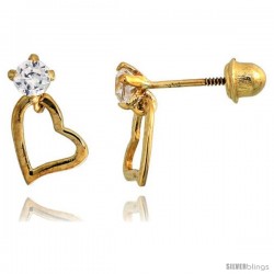 14k Yellow Gold 3/8" (10mm) tall Heart Stud Earrings, w/ Brilliant Cut CZ Stone