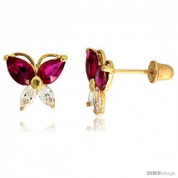 14k Yellow Gold 5/16" (8mm) tall Butterfly Stud Earrings, w/ Marquise Cut Clear & Pear Cut Ruby-colored CZ Stones