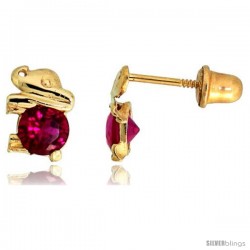 14k Yellow Gold 1/4" (7mm) tall Tiny Elephant Stud Earrings, w/ Brilliant Cut Ruby-colored CZ Stone