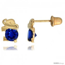 14k Yellow Gold 1/4" (7mm) tall Tiny Elephant Stud Earrings, w/ Brilliant Cut Blue Sapphire-colored CZ Stone