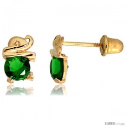 14k Yellow Gold 1/4" (7mm) tall Tiny Elephant Stud Earrings, w/ Brilliant Cut Emerald-colored CZ Stone