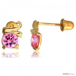 14k Yellow Gold 1/4" (7mm) tall Tiny Elephant Stud Earrings, w/ Brilliant Cut Pink Tourmaline-colored CZ Stones