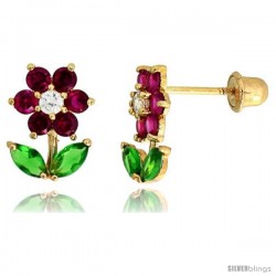 14k Yellow Gold 3/8" (10mm) tall Flower w/ Leaves Stud Earrings, w/ Brilliant Cut Clear, Brilliant Cut Ruby-colored & Marquise