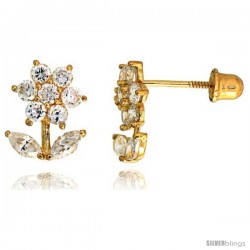 14k Yellow Gold 3/8" (10mm) tall Flower w/ Leaves Stud Earrings, w/ Brilliant Cut & Marquise Cut CZ Stones