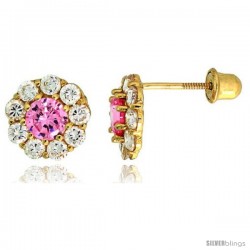 14k Yellow Gold 5/16" (8mm) tall Flower Stud Earrings, w/ Brilliant Cut Clear & Pink Sapphire-colored CZ Stones