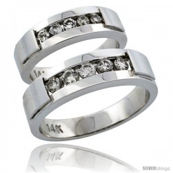 14k White Gold 2-Piece His (6mm) & Hers (5mm) Diamond Wedding Ring Band Set w/ 0.61 Carat Brilliant Cut Diamonds