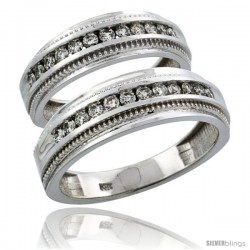 14k White Gold 2-Piece His (7mm) & Hers (6mm) Milgrain Design Diamond Wedding Ring Band Set w/ 0.62 Carat Brilliant Cut Diamonds