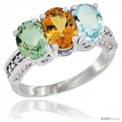 14K White Gold Natural Green Amethyst, Citrine & Aquamarine Ring 3-Stone 7x5 mm Oval Diamond Accent