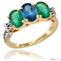 10K Yellow Gold Natural London Blue Topaz & Emerald Sides Ring 3-Stone Oval 7x5 mm Diamond Accent