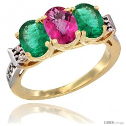 10K Yellow Gold Natural Pink Topaz & Emerald Sides Ring 3-Stone Oval 7x5 mm Diamond Accent