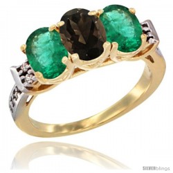 10K Yellow Gold Natural Smoky Topaz & Emerald Sides Ring 3-Stone Oval 7x5 mm Diamond Accent