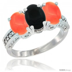 14K White Gold Natural Black Onyx Ring with Coral 3-Stone 7x5 mm Oval Diamond Accent