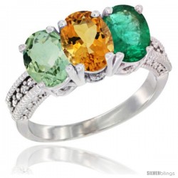 14K White Gold Natural Green Amethyst, Citrine & Emerald Ring 3-Stone 7x5 mm Oval Diamond Accent