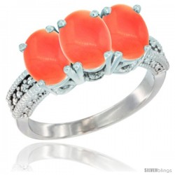 14K White Gold Natural Coral Ring 3-Stone 7x5 mm Oval Diamond Accent