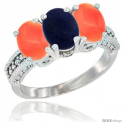 14K White Gold Natural Lapis Ring with Coral 3-Stone 7x5 mm Oval Diamond Accent