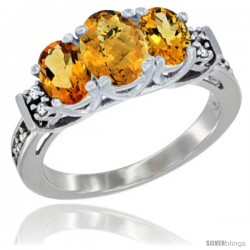 14K White Gold Natural Whisky Quartz & Citrine Ring 3-Stone Oval with Diamond Accent