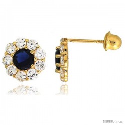 14k Yellow Gold 5/16" (8mm) tall Flower Stud Earrings, w/ Brilliant Cut Clear & Blue Sapphire-colored CZ Stones