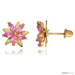 14k Yellow Gold 3/8" (9mm) tall Flower Stud Earrings, w/ Marquise Cut Pink Sapphire-colored CZ Stones